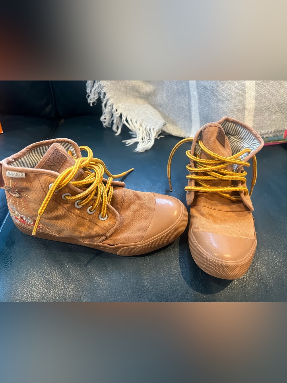 Womens’ 5.5 BANGS Tan Canvas High-Top Sneakers with Yellow Laces